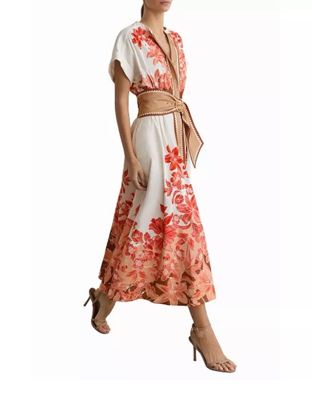 Reiss Sawyer Dress. Coral Floral Belted Midi Dress with Tan Belt - Picture 4 of 8